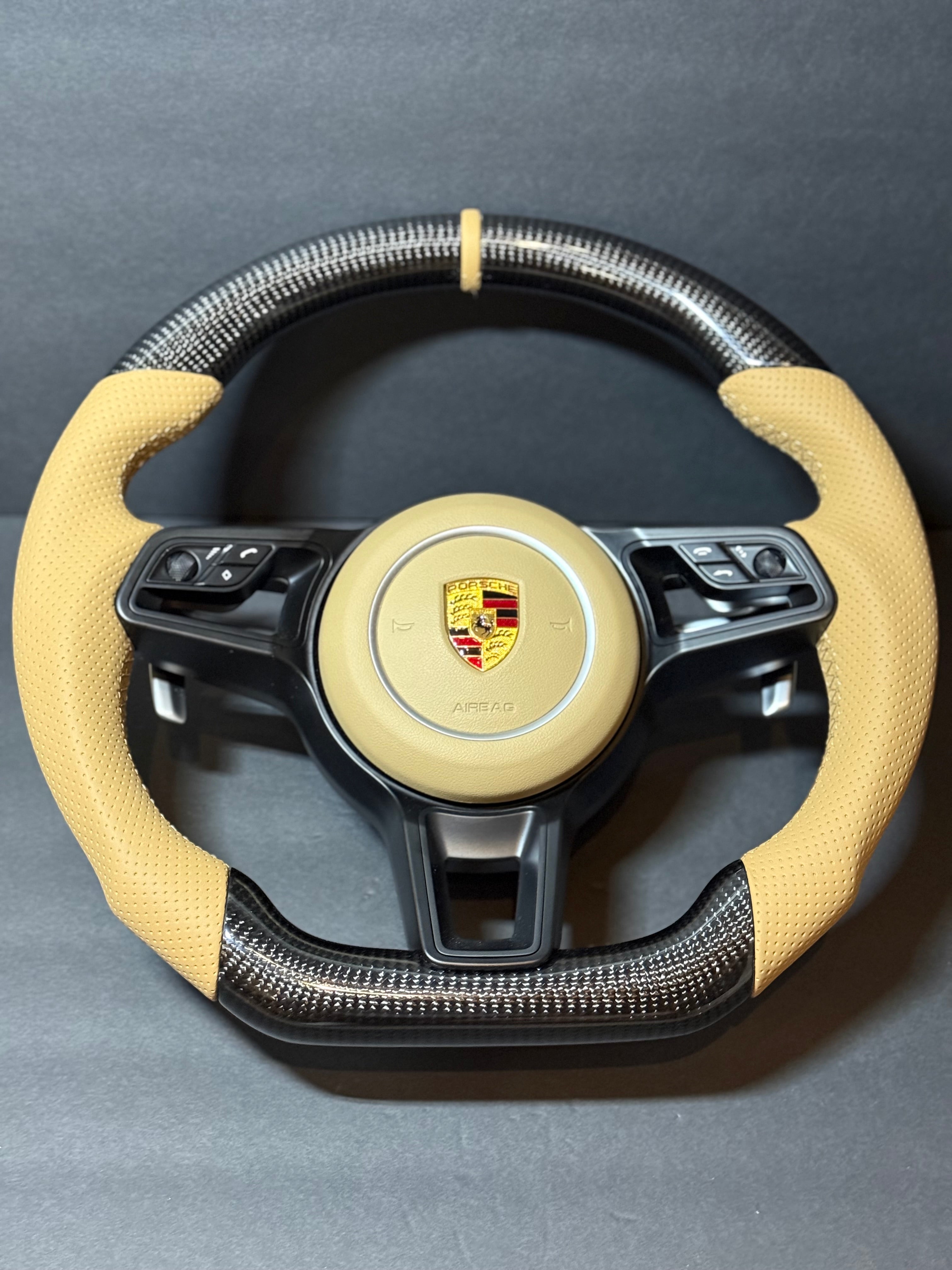 CARBON BEIGE PERFORATED LEATHER Porsche Steering Wheel991.2 997 GT 911 Cayman Boxster Macan Cayenne.